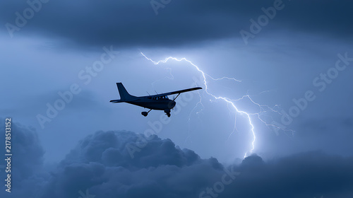Small propeller airplane silhouetted against dramatic dark storm clouds with a bright flash of lightning illuminating the turbulent sky weather