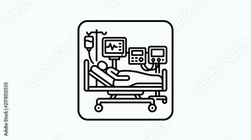 Medical ICU Patient Icon: Hospital Bed, Monitor, Infusion