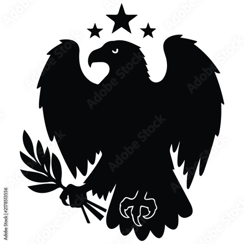 American bald eagle silhouette illustration with olive branch and three stars vector line art.