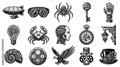 Set of fifteen detailed steampunk icons featuring mechanical animals and vintage objects in a classic black ink style