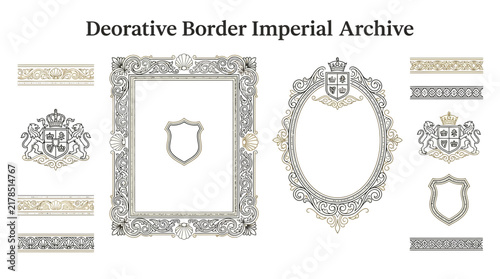 Ornate Decorative Borders and Frames, Heraldic Crests, Vintage Design