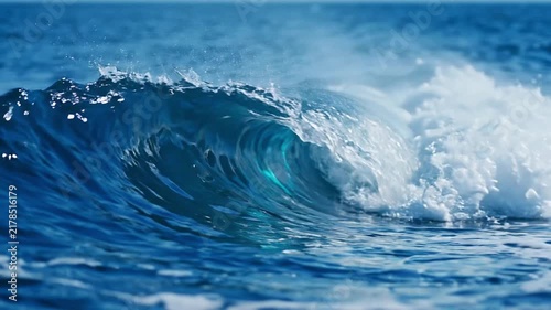A rolling blue ocean wave breaks with white foam spray in the middle of the sea with cresting breaking white video powerful blue transparent environment wilderness with foam open