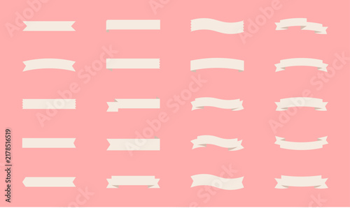 White Ribbon Banners Flat Set Pink Background Labels