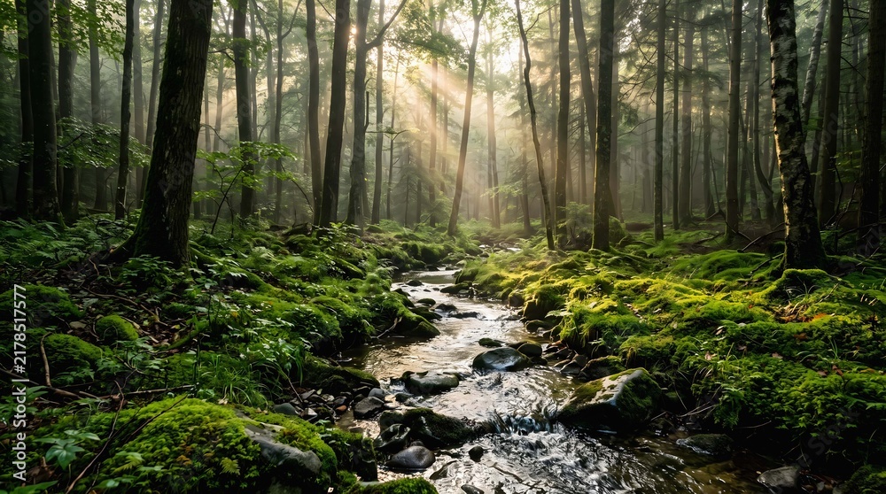 Fototapeta premium Sunlight streaming through tall trees in a lush green forest with a small flowing mountain stream