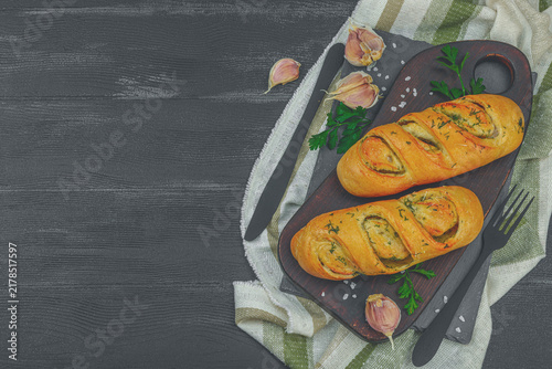 Canvas Print Fresh baked garlic bread, gluten free buns