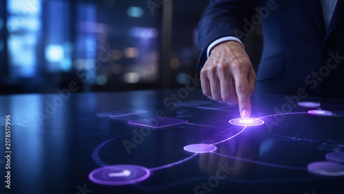 Executive roadmap templates on interactive display, showing strategic planning, glowing node, and business decision in modern office