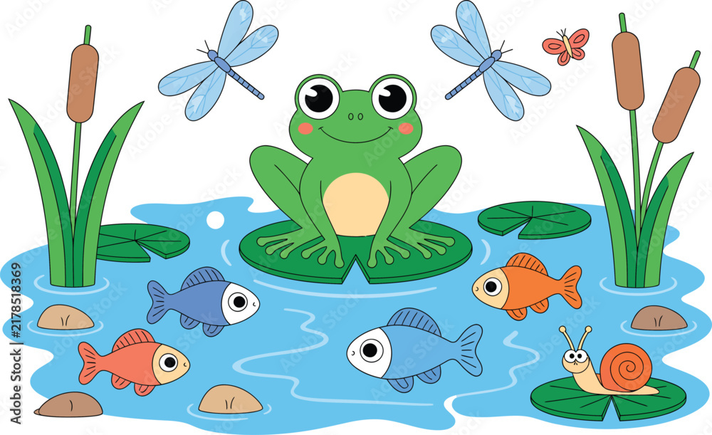 Fototapeta premium Cute cartoon pond life vector illustration with a green frog dragonflies fish lily pads and cattail plants isolated on white background