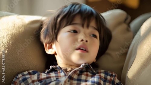 憂鬱そうな表情でベッドに寝転がる男の子
