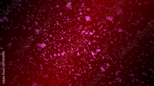 Pink heart shapes falling down or flying away on dark red background. Abstract background for Happy Valentine's day and wedding ceremony.