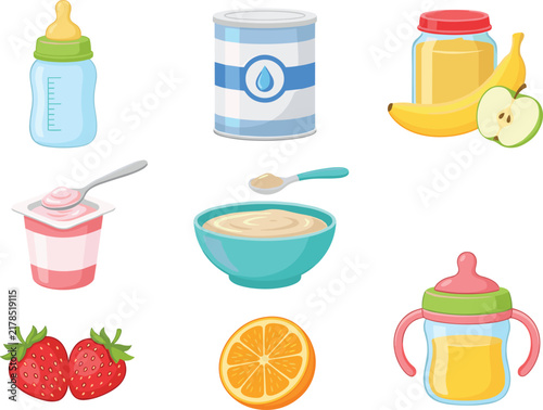 Baby Food and Feeding Essentials Vector Set Featuring Milk Bottle Formula Tin Baby Food Jar Yogurt Bowl of Cereal Strawberries Orange and Sippy Cup for Infant Graphic Designs