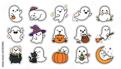Cute cartoon ghost stickers set for halloween party and funny decoration