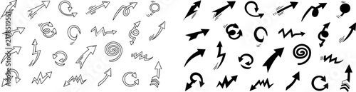 Hand-drawn black and gray arrow symbols with varied shapes and directions on a white background, split into two contrasting sections.