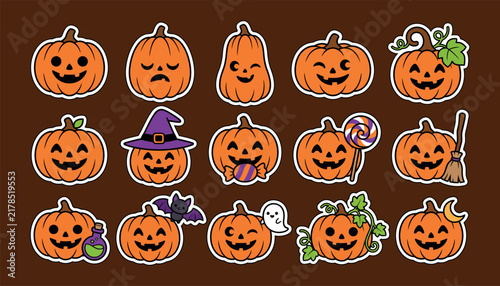 Cute cartoon halloween pumpkin stickers with funny faces on white background
