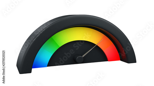 Konstfotografi Black semicircular gauge with rainbow color scale and needle, isolated on transp