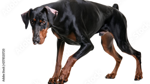 Cuadro en lienzo Black and tan Doberman Pinscher dog with sleek fur, isolated on transparent back
