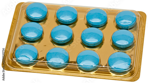 Foto Twelve round blue pills in a golden blister pack, isolated on transparent backgr