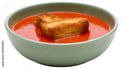 Quadro su tela Creamy tomato soup with golden croutons, isolated on transparent background