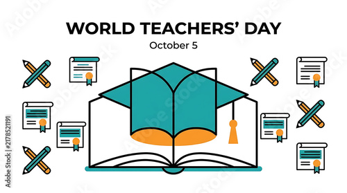 World teachers day celebration banner with open book graduation cap and pencils illustration