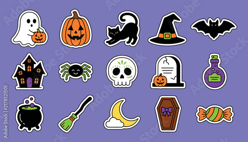 Foto Set of cute halloween stickers with ghost pumpkin cat and witch hat