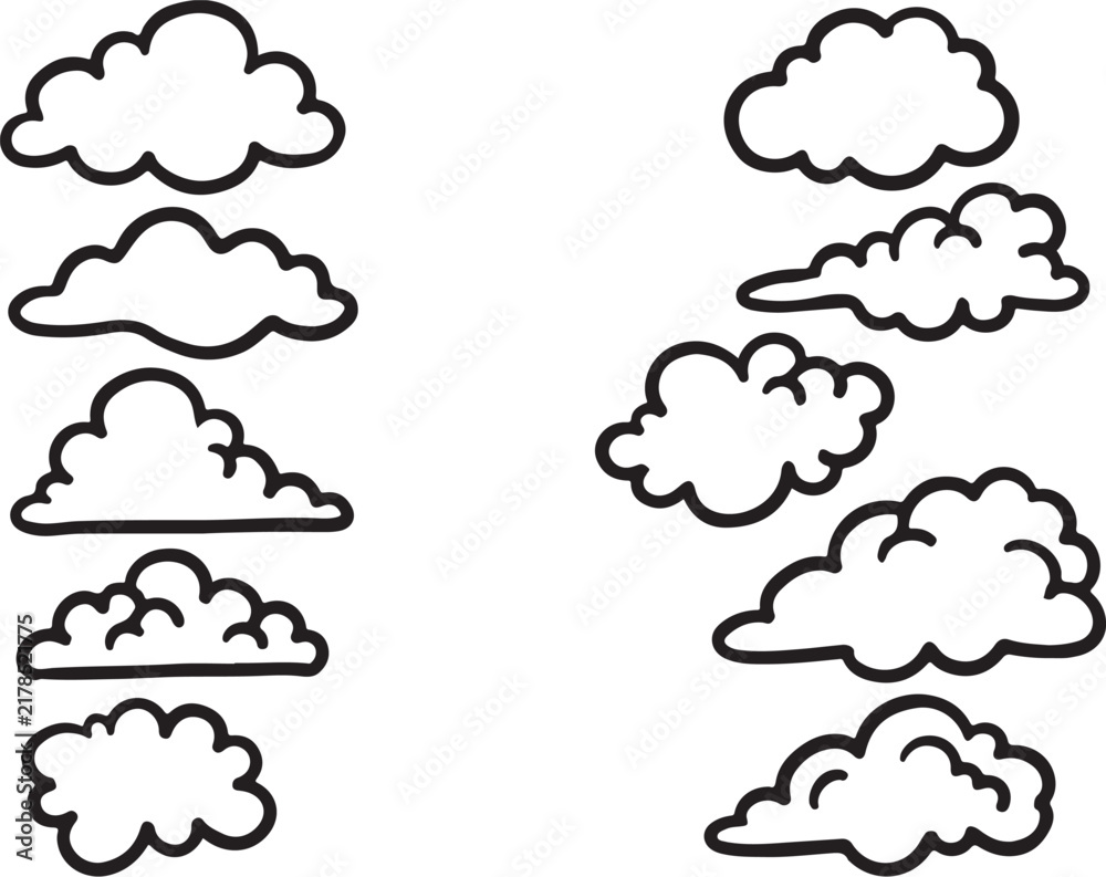 Fototapeta premium Minimalist cloud outline set, 10 hand drawn cloud vector icons, black and white sky elements for weather and nature design