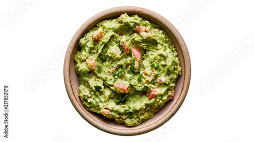 Fotografie Creamy avocado guacamole with diced tomatoes and cilantro, isolated on transpare