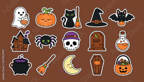 Set of cute halloween stickers with ghost pumpkin cat bat and skull icons