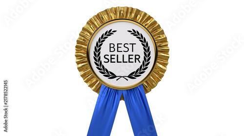 Картината върху платно Golden best seller award rosette with blue ribbons, isolated on transparent back