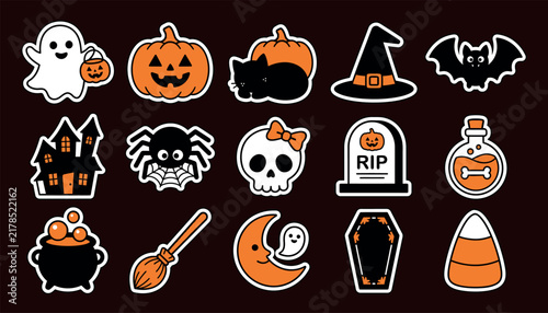 Cute halloween sticker set with ghost pumpkin cat witch hat and bat icons