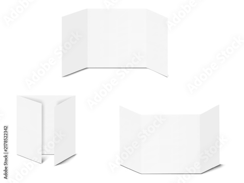 Blank white gatefold card. Cover, inside, outside. Realistic vector mockup. Open single gate fold brochure, presentation, event invitation. Front, back side. 3d mock-up. Template for design