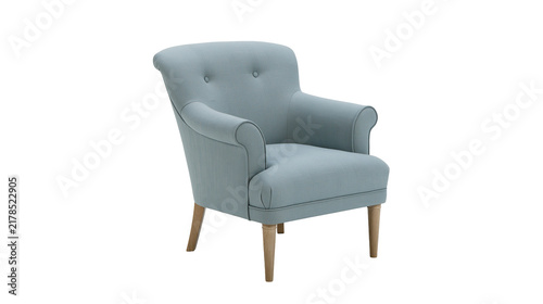 фотографія Light blue upholstered armchair with wooden legs, isolated on transparent backgr