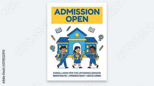 Admission open vector banner with school building and children students walking with backpacks