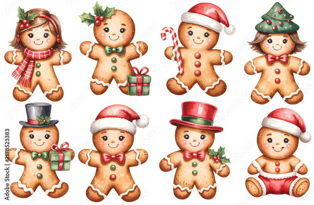 Obraz premium Christmas gingerbread cookie character collection with cute festive figures, Santa hats, candy cane, presents, holly and holiday decorations