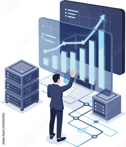 Businessman analyzing data on futuristic interface with server racks and growth chart, concept for finance, technology and corporate analytics.