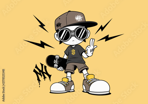 Cartoon character with skateboard, sunglasses, and dollar sign shirt, vibrant graphic for youth culture, lifestyle advertising and urban art projects.
