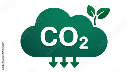 Konstfotografi Green CO2 cloud with plant sprout and downward arrows, isolated on transparent b