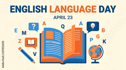 English language day poster design featuring an open dictionary book and globe illustration