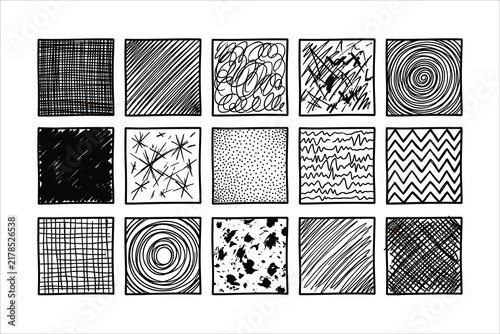 Hand-drawn ink texture set, 15 square doodle patterns, black and white sketch elements for graphic design and shading