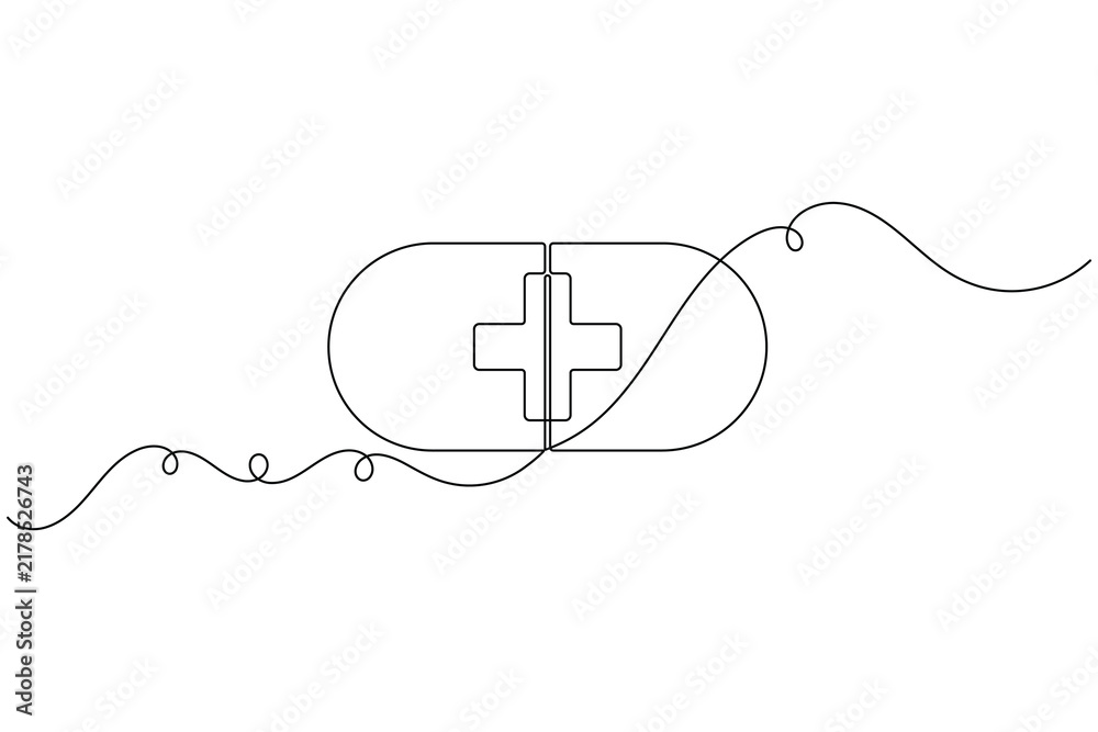 Obraz premium Medical service capsule pill with a cross icon sign continuous one line art drawing on white background minimalist emergency treatment of patient relief symbol editable outline vector illustration