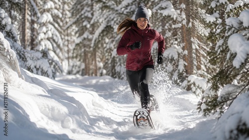 Woman running with snowshoes through deep snow in a winter forest during active outdoor exercise