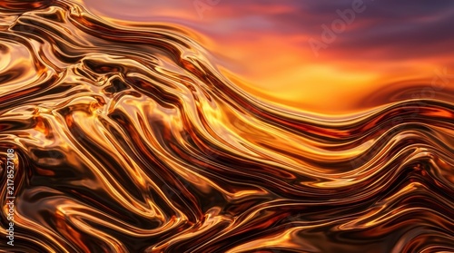 Molten gold liquid metal waves flowing against sunset sky background with glowing reflections