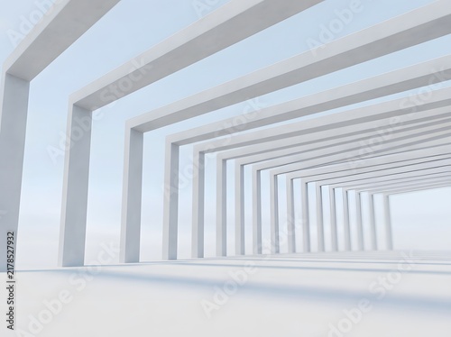 Minimalist architectural perspective of a white corridor with repeating rectangular frames