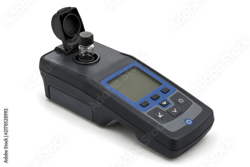 Portable handheld laboratory turbidimeter with a cylindrical sample vial and optical chamber for nephelometric turbidity measurement, isolated on white background.