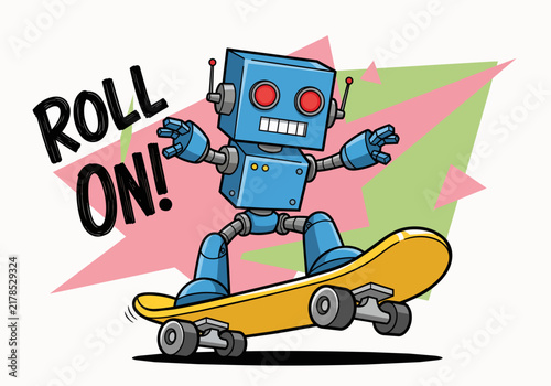 Retro blue robot character performing tricks on a skateboard, dynamic motion, perfect for technology ads, children's books and creative design.
