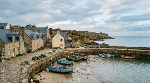 traditional breton fishing village harbor with wooden boats stone cottages and coastal bay view