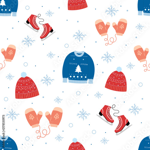 A seamless pattern with winter elements: knitted sweaters, hats, mittens, and skates on a white background with snowflakes