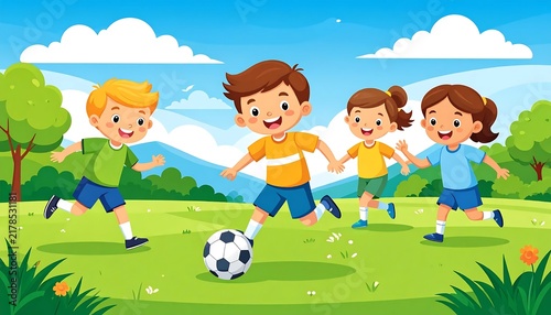 Children playing soccer in a sunny park with dog.
