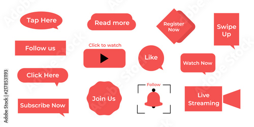 A collection of red buttons and user interface elements for social media and websites with calls to action