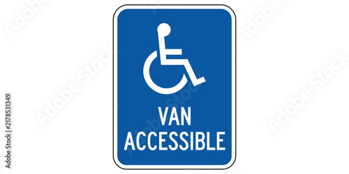 Foto Van accessible parking sign with blue background and white wheelchair graphic for designated disability parking spaces