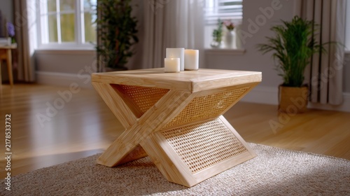 Modern wooden coffee table with rattan and candles in living room