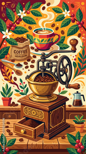 Vintage coffee grinder with beans and brewing steam illustration.